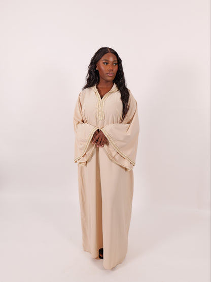 Abaya capuche manches évasée beige