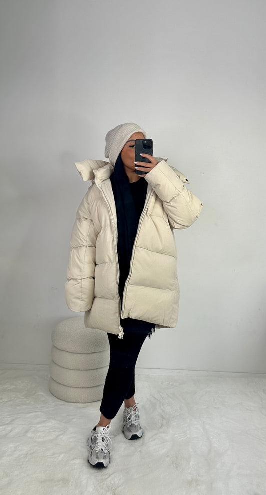 Doudoune capuche mi longue oversize beige